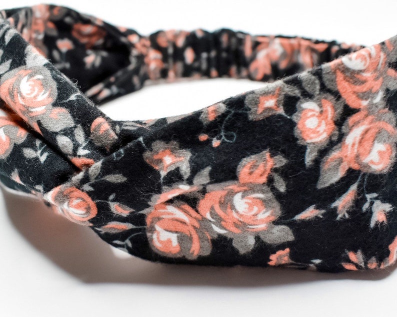 Coral Vintage Rose Twisted Turban Headband Cotton Flannel Headband Flannel Twist Headband Black Floral Headband