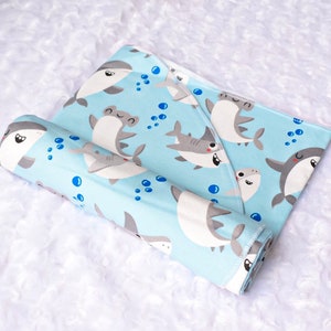 Happy shark party blue soft cotton flannel baby swaddle blanket