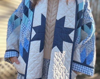 Handmade Blue Cotton Batwing Kimono, Lone Star Quilt Jacket