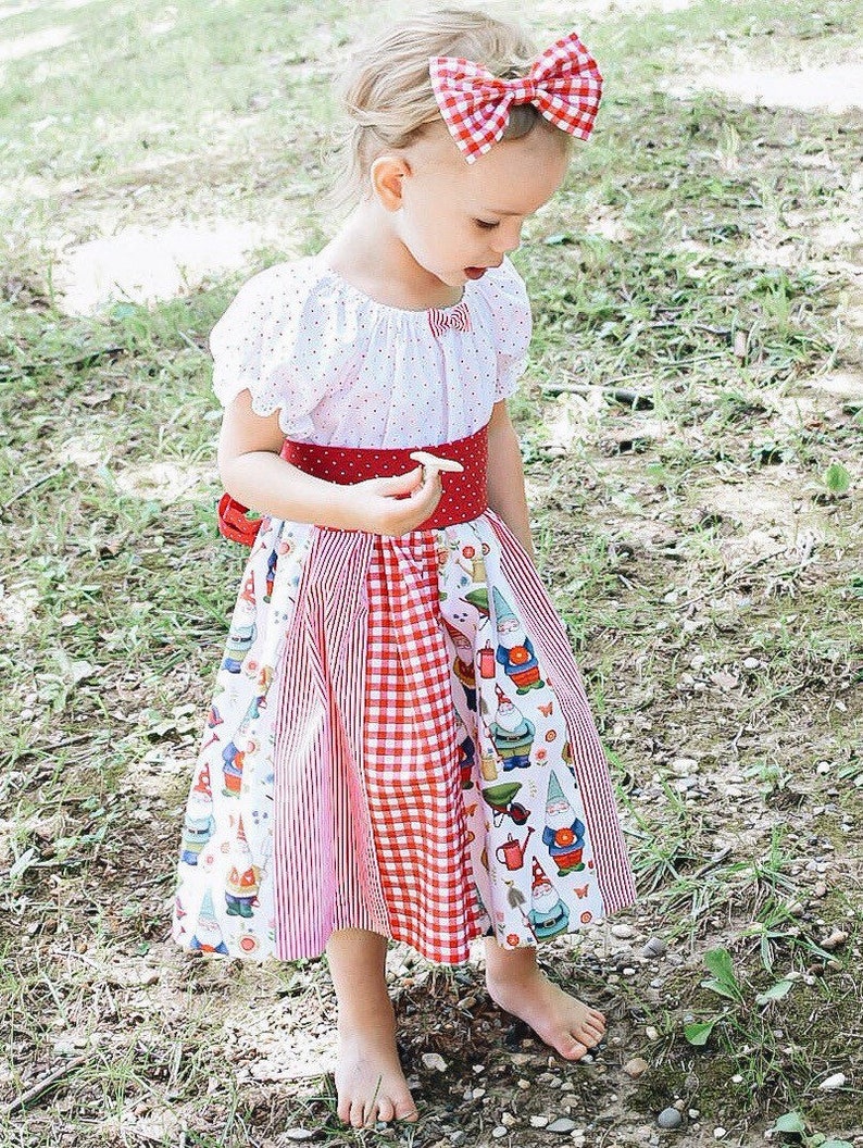 Prairie Dress- Garden Gnomes Cottage Dress Patchwork Peasant Dress Premium Cotton Dress Toddler Girl Dress Baby Girl Dress