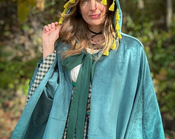 Vintage Teal Velvet Hooded Cape: Upcycled Tassel Trim Cloak