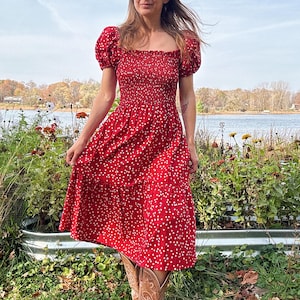 red prairie dress Red Ditsy Floral Cotton Prairie Dress - Smocked Cottagecore Midi