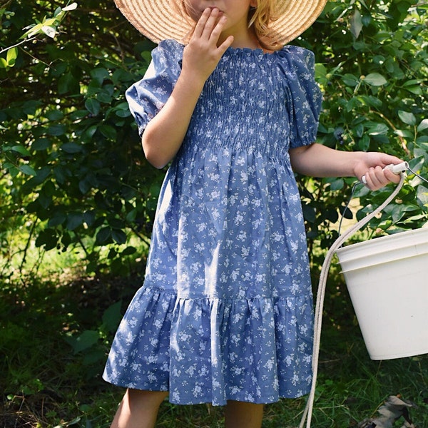 Dark Blue Floral Calico Cotton Girl’s Smocked Bodice Dress