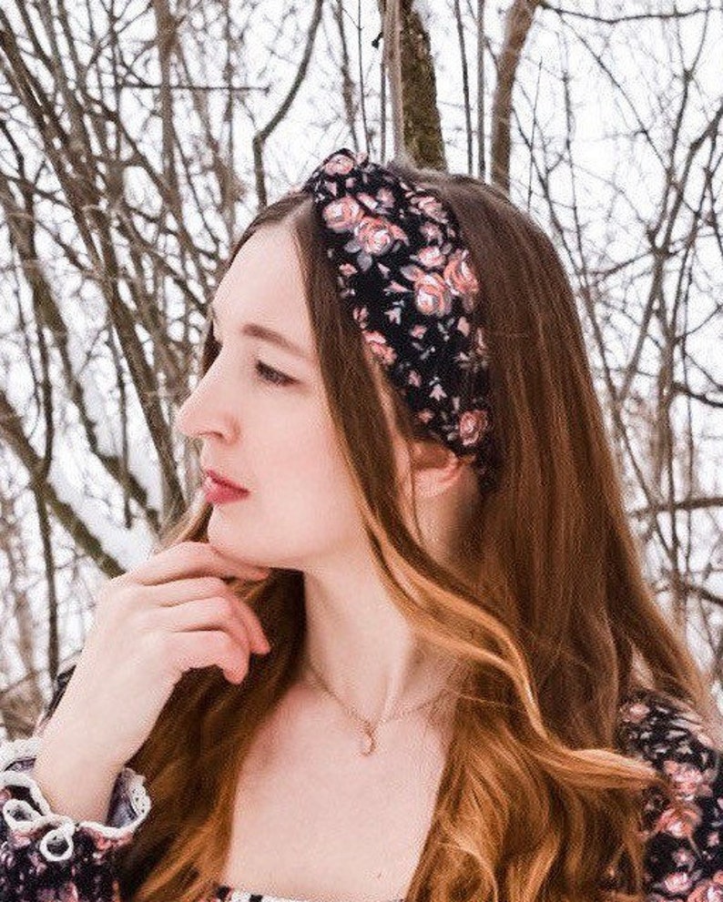 Coral Vintage Rose Twisted Turban Headband Cotton Flannel Headband Flannel Twist Headband Black Floral Headband