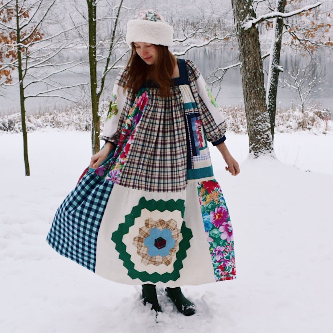 Ruffles Neck Dress, Patchwork Garden