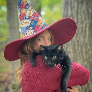 May include: A burgundy witch hat with a wide brim and a patterned cone top, held by a person. The hat's cone features a colorful design with floral and fish motifs. A black cat with green eyes is draped over the person's shoulder.