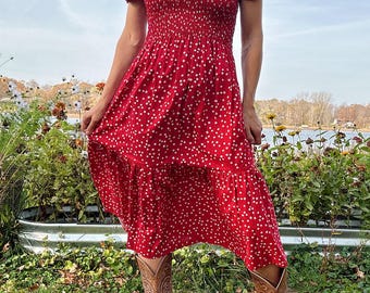 Red Calico Floral Prairie Dress, Smocked Bodice, Cottagecore Midi - Etsy