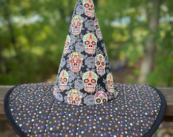Handmade Quilted Witch Hat – Glow-in-the-Dark Stars & Sugar Skull Cone – Halloween Festival Cosplay Wizard Hat