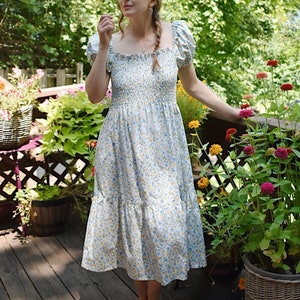 Country Charm Floral Prairie Dress, Cotton Smocked Bodice, Boho Midi Dress, Vintage-Inspired, Handmade Fashion