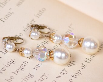 Vintage Faux Pearl & Rhinestone Earrings - Clip On Style - 1950s Pin Up - Retro Jewelry