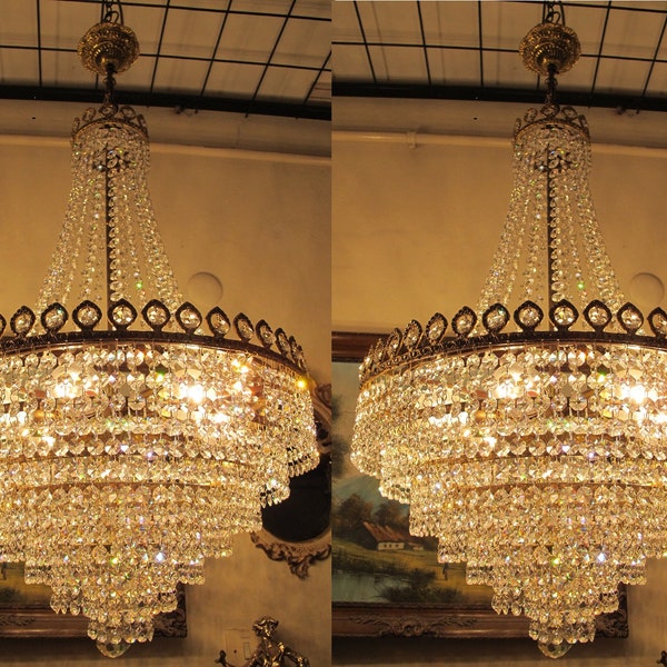 Pair Of Large Antique French Crystal Chandelier Lighting, Matching French Empire Chandelier, Unique Huge Ceiling Lamp, Brass chandelier