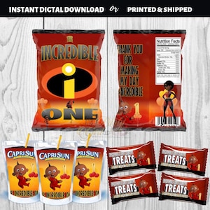 African American Incredibles First Birthday Party Pack! Chip Tüte, Saft, Reis Krispy & Wasserflasche Label!