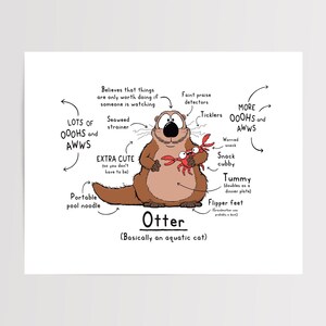 May include: A cartoon illustration of an otter with various labels describing its features. The otter is brown and holding a red crab. The labels include "Lots of OOOOHS and AWWS", "Seaweed strainer", "Extra Cute", "Portable pool noodle", "Faint praise detectors", "Ticklers", "More OOOOHS and AWWS", "Warmed snack", "Snack cubby", "Tummy", "Flipper feet", and "Otter (Basically an aquatic cat)".