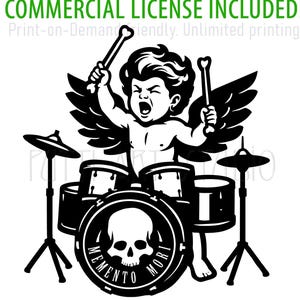 May include: Black and white illustration of an angel playing a drum set. The drum set has a skull on the front with the words "MEMENTO MORI". The image includes the text "COMMERCIAL LICENSE INCLUDED!" and file types: AI, SVG, EPS, DXF, PDF, PNG, JPG.