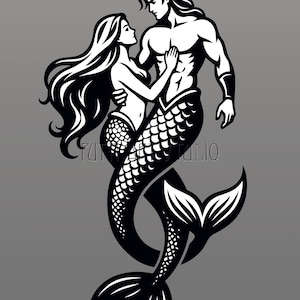 Meerjungfrau und Meermann Liebes Paar. Triton Silhouette SVG, Vektor-Logo, Tattoo-Design.