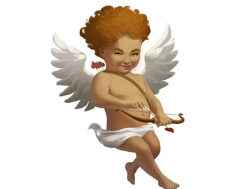 sweet angel clipart. Putti art nouveau. Cupid with crafty eyes charges the arrow of love.