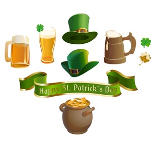 St. Patricks Tag Cliparts. Topf mit gold, Holz Becher Bier...