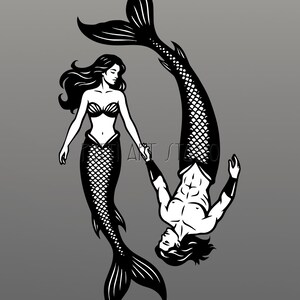 Puede incluir: Ilustración en blanco y negro de dos seres marinos, una sirena y un tritón, sobre un fondo gris. La sirena está erguida, mientras que el tritón está invertido. Se están dando la mano. La sirena tiene pelo largo y un top de concha.
