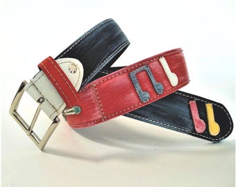 Cinturón de hombre patchwork, cinturón multicolor estilo vintage, Made in Italy, regalo para él, cinturón de reciclaje creativo, cinturón de piel hecho a mano.