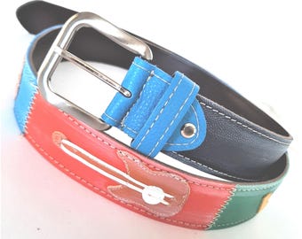 Cinturón de hombre patchwork Cinturón de piel hecho a mano Cinturón estilo vintage multicolor Hecho en Italia Regalo para él Cinturón con temática musical