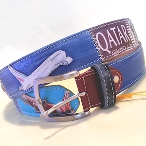 Patchwork-Herrengürtel, handgefertigter Ledergürtel, mehrfarbiger Gürtel im Vintage-Stil, hergestellt in Italien, Geschenk für ihn, Qatar Airways-Gürtel