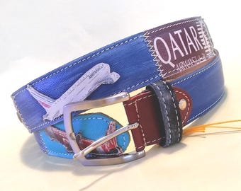 Cinturón de hombre de patchwork, hecho a mano en cuero, estilo vintage multicolor, hecho en Italia, regalo para él, cinturón de Qatar Airways.