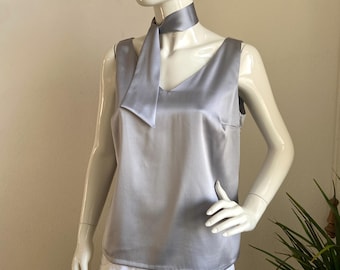 Silk Satin Camisole Top with V-neck Front and Back, Handmade in Italy Elegant Women's Blouse with Matching Scarf