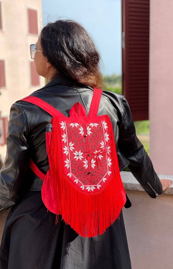 Chic Fringed Red Backpack Faux Leather Fringe Backpack: Embroidered Boho Tribal  main image 3