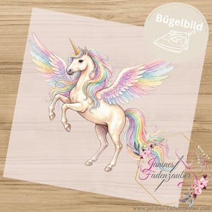 Bügelbild steigender Pegasus - steigendes Einhorn bunt - Bügelbild in verschiedenen Größen und Farben- Mit Name möglich