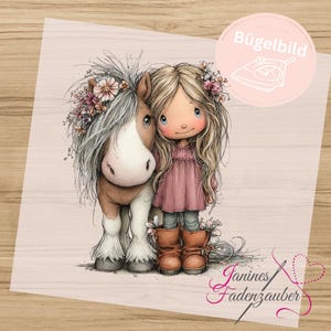 May include: An iron-on transfer featuring a cartoon illustration of a young person with long blonde hair and a brown and white pony. Both figures are adorned with floral accents. The design includes the text Bügelbild and Janines Fadenzauber.