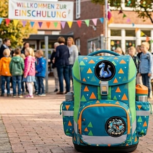 Könnte beinhalten: Ein teal-grüner Rucksack mit orangefarbenen und grünen Dreiecksmustern und Dinosaurier-Patches. Der Rucksack hat Seitentaschen für Wasserflaschen und einen Griff. Der Text "WILLKOMMEN ZUR EINSCHULUNG" ist im Hintergrund zu sehen.