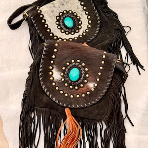 So Nash Turquoise & Black Cowhide Bag | Fringe Crossbody for Rodeo or Festival | Western Boho Crossbody Bag | Rodeo Bag | Cowgirl Gift