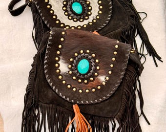 So Nash Turquoise & Black Cowhide Bag | Fringe Crossbody for Rodeo or Festival | Western Boho Crossbody Bag | Rodeo Bag | Cowgirl Gift
