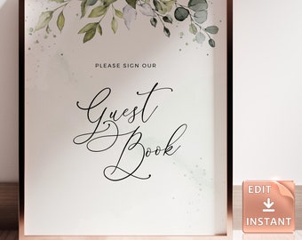 Editable Sign Guestbook Wedding Sign, Greenery Wedding Poster Template, Reception Decor Eucalyptus Printable Sign Bohemian Greens REESE