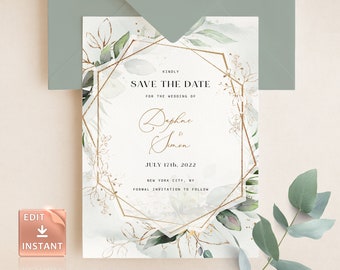 PDF Printable Floral Simple greenery Save The Date INSTANT DOWNLOAD Editable Template Affordable red 5x7 WD009 Flowers leaves