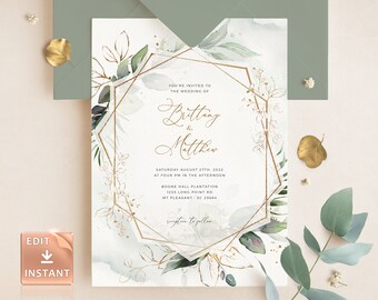 Modern Calligraphy Wedding Invitation Template Light Blue Geometric Wedding Invitation Suite BH19 Faux gold and Marble Wedding Invite