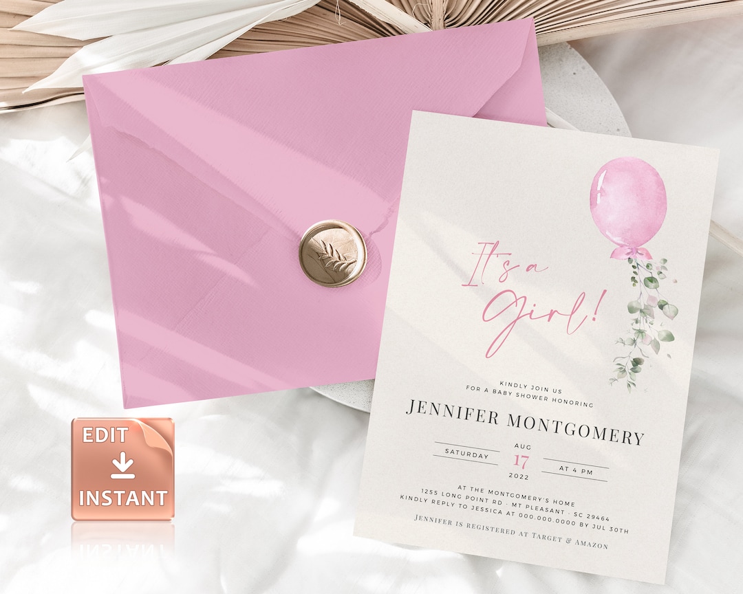 Baby Shower Invitation Pink Balloon Greenery Its a Girl Shower ...