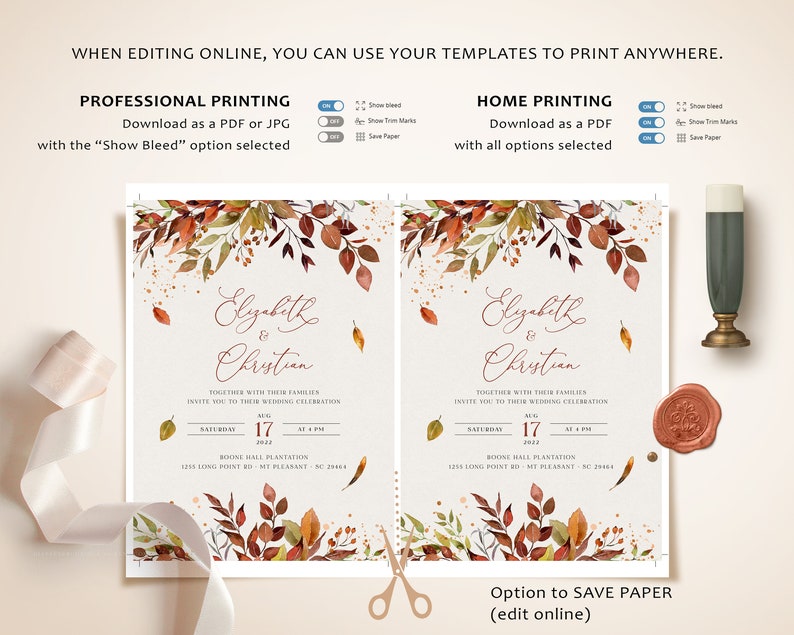 SIENNA Fall Wedding Invitation Template, Rustic Autumn Leaves and Greenery, Download Editable Invite, Printable Marriage, Bundle Invites image 5