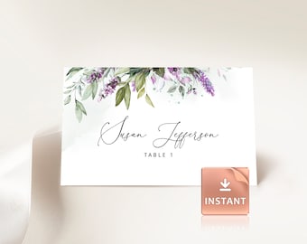 LAMI - Lavender Table Name Card, Purple Wedding Place Cards, Printable Name Cards Templett, Flat and Tentfolded, Editable Avery Template