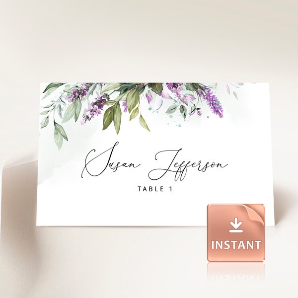 LAMI - Lavender Table Name Card, Purple Wedding Place Cards, Printable Name Cards Templett, Flat and Tentfolded, Editable Avery Template