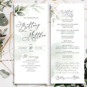 Pode incluir: Convite de casamento com fundo de aquarela verde e detalhes dourados. O convite é para o casamento de Brittany e Matthew em 27 de julho de 2019 às 16h. A festa de casamento está listada no lado direito do convite.