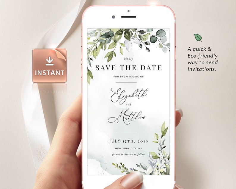 Smartphone Electronic Invitation Instant Download Save Our Date Evite Greenery Digital Template Save the Date Evite REESE