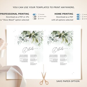 May include: Two printable wedding detail cards with a watercolor green and white floral design. The text on the cards reads "Details". The cards are designed to be printed with or without bleed and trim marks.