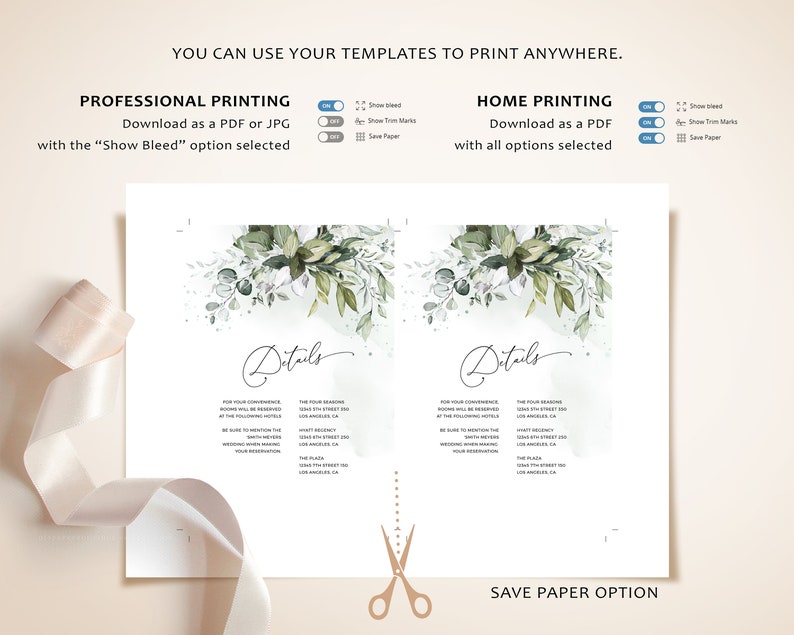 May include: Two printable wedding detail cards with a watercolor green and white floral design. The text on the cards reads "Details". The cards are designed to be printed with or without bleed and trim marks.