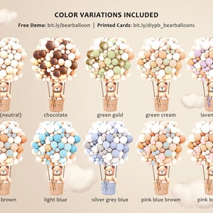 May include: A collection of ten balloon arrangements in various colors, each featuring a teddy bear in a basket. The colors include cream, chocolate, green gold, green cream, lavender, blue brown, light blue, silver grey blue, pink blue brown, and pink brown.
