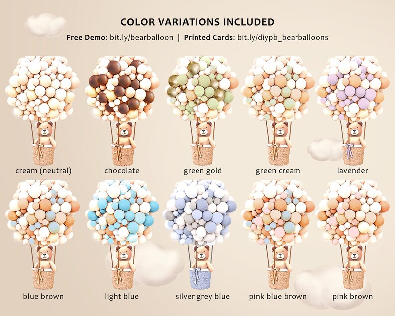May include: A collection of ten balloon arrangements in various colors, each featuring a teddy bear in a basket. The colors include cream, chocolate, green gold, green cream, lavender, blue brown, light blue, silver grey blue, pink blue brown, and pink brown.