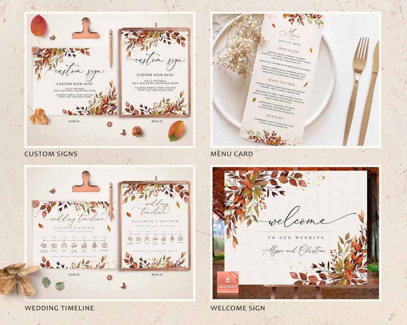 SIENNA Fall Wedding Template Kit, Burnt Orange Wedding Invite Kit, Whimsical Wedding Invitation Set, Invitation Collection Template Bundle image 4