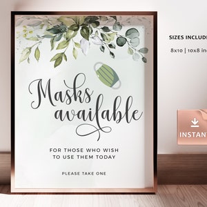 REESE - Masks Available Sign, Customizable Signs, Printable Social Distancing Signs, Eucalyptus Greenery Wedding Ceremony, Wear a Mask