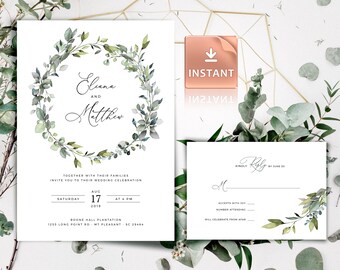 Boho Greenery Wedding Invitation Template: Eucalyptus Suite (Digital Download)