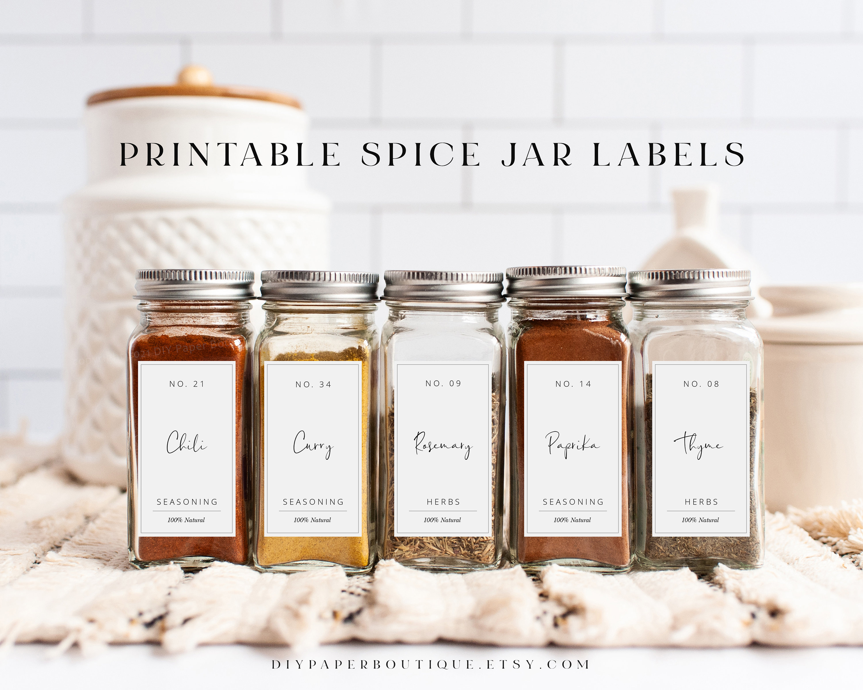 Short Spice Jar Label Front Set • Modern Minimalist • Waterproof